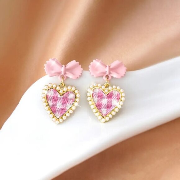 Jewelry - NEW pink checkered bow earrings coquette bow jewelry pink bow dangle earrings